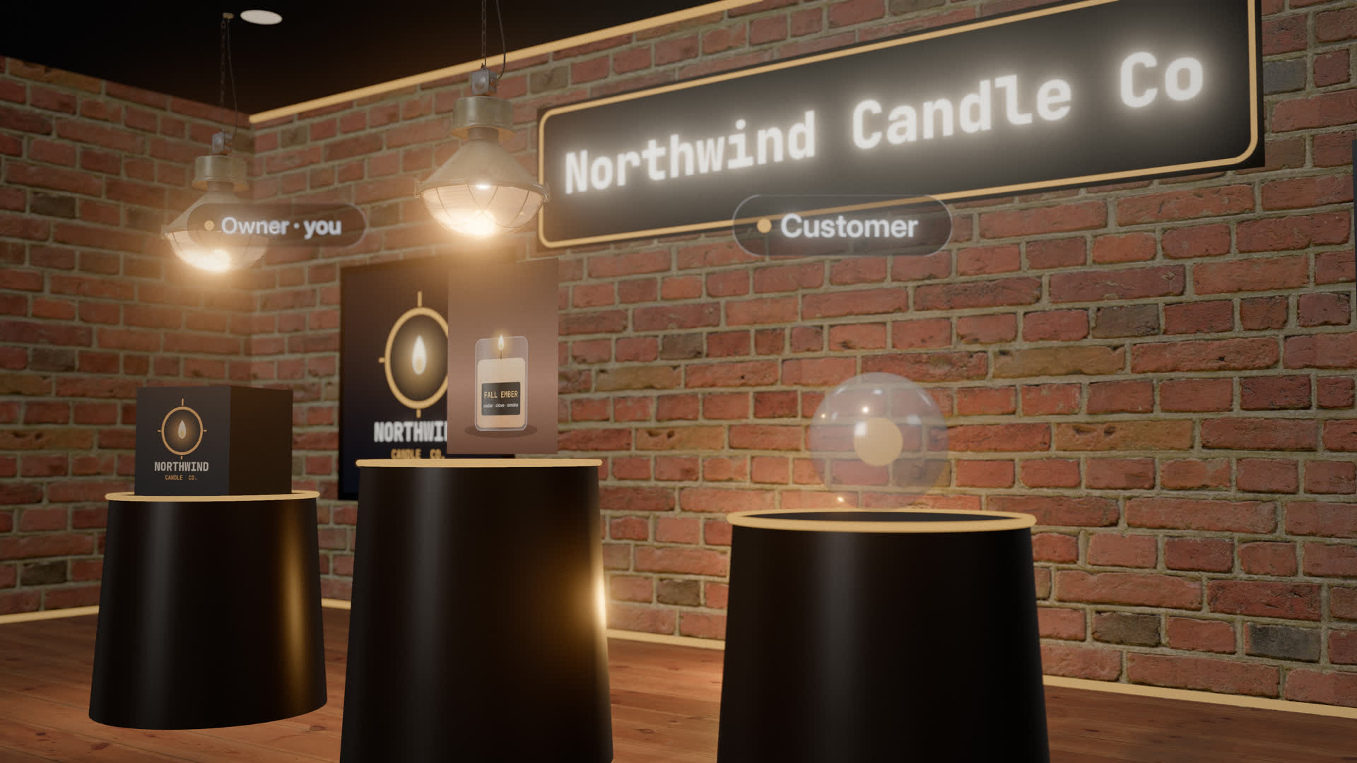 A brick-walled room built for an example candle brand (not a client), Northwind Candle Co: its lit sign, logo and products on pedestals, with Owner · you and Customer in the room.