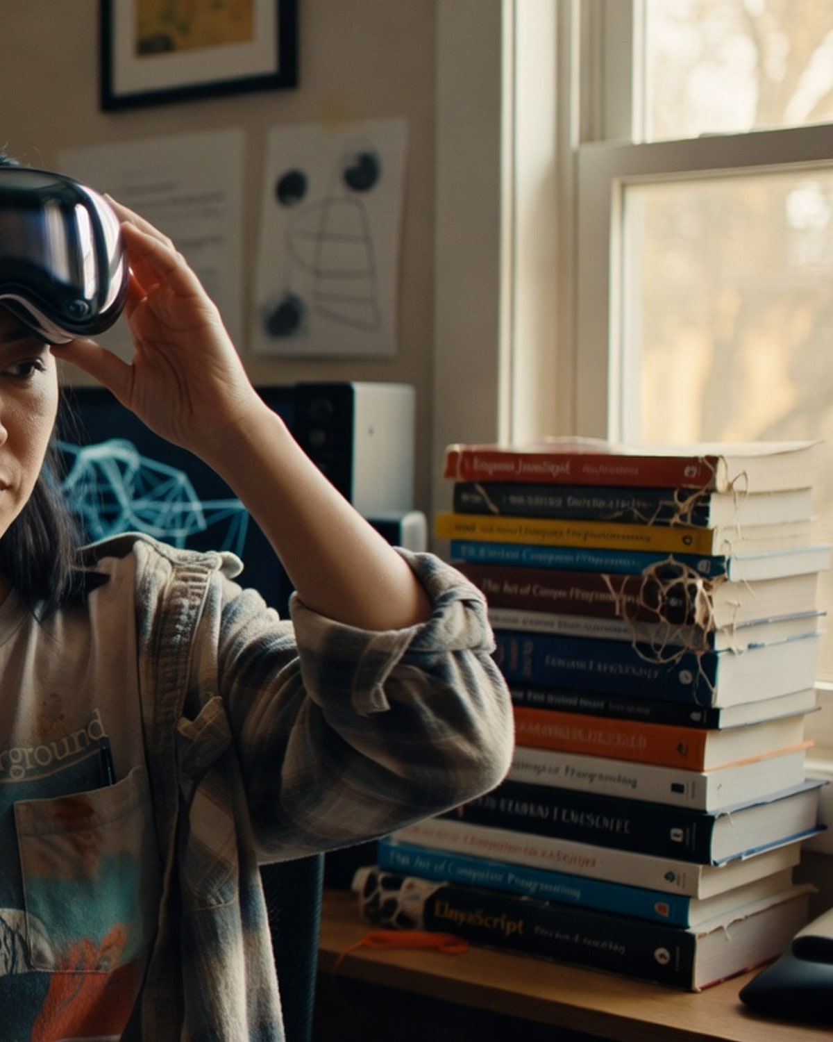 Apple Vision Pro on a slate desk beside a monitor showing live three.js source code.