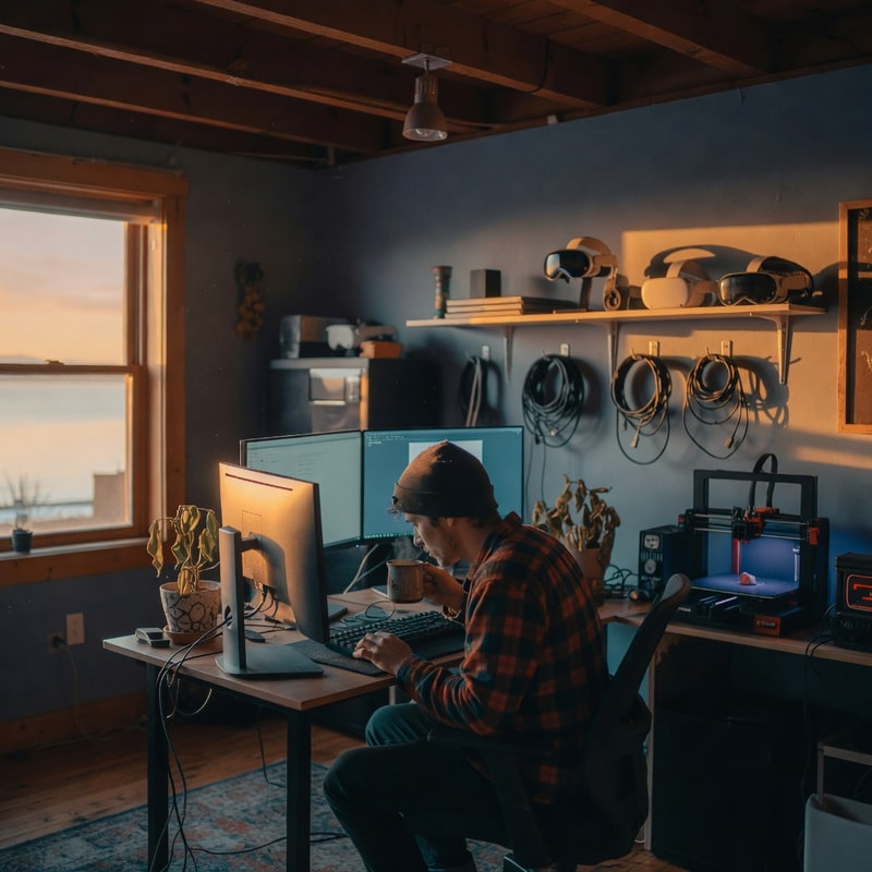 Converted home-studio workspace in Wisconsin at golden hour, multi-monitor desk and hardware shelves.