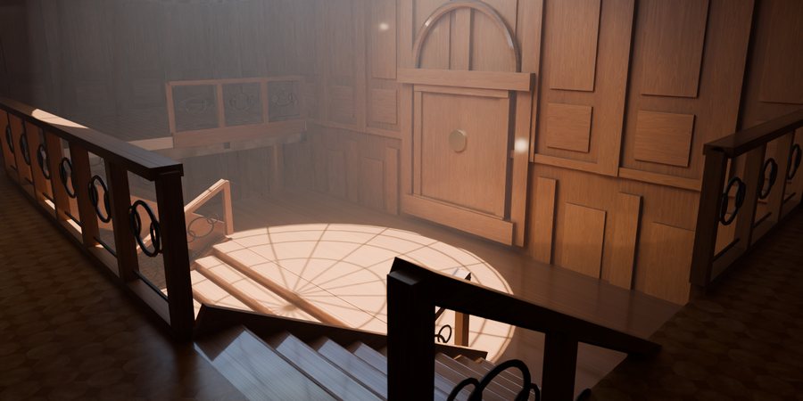 Concept render of an ocean liner's grand staircase, seen from the gallery: oak-panelled walls and dome light on the landing.